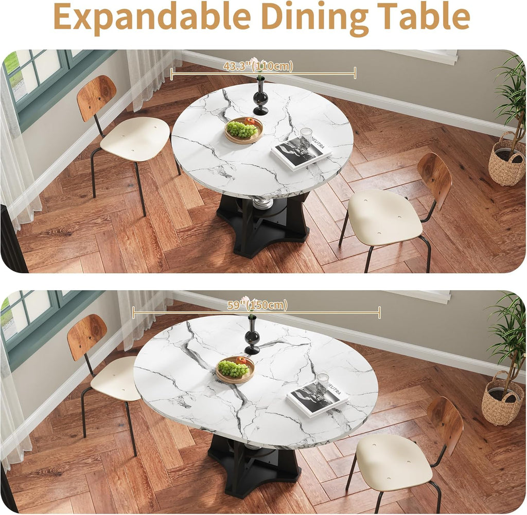 Extendable Dining Table 43"-59" for 4-6, Marble Round Kitchen Dining Room Table with 2 Tier Storage Shelves