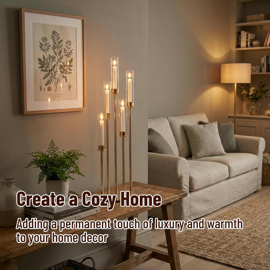 Gold Candelabra with Glass Cylinders for Real Candles 5 Arms Metal Candle Holder Wedding Event Party Home Decoration