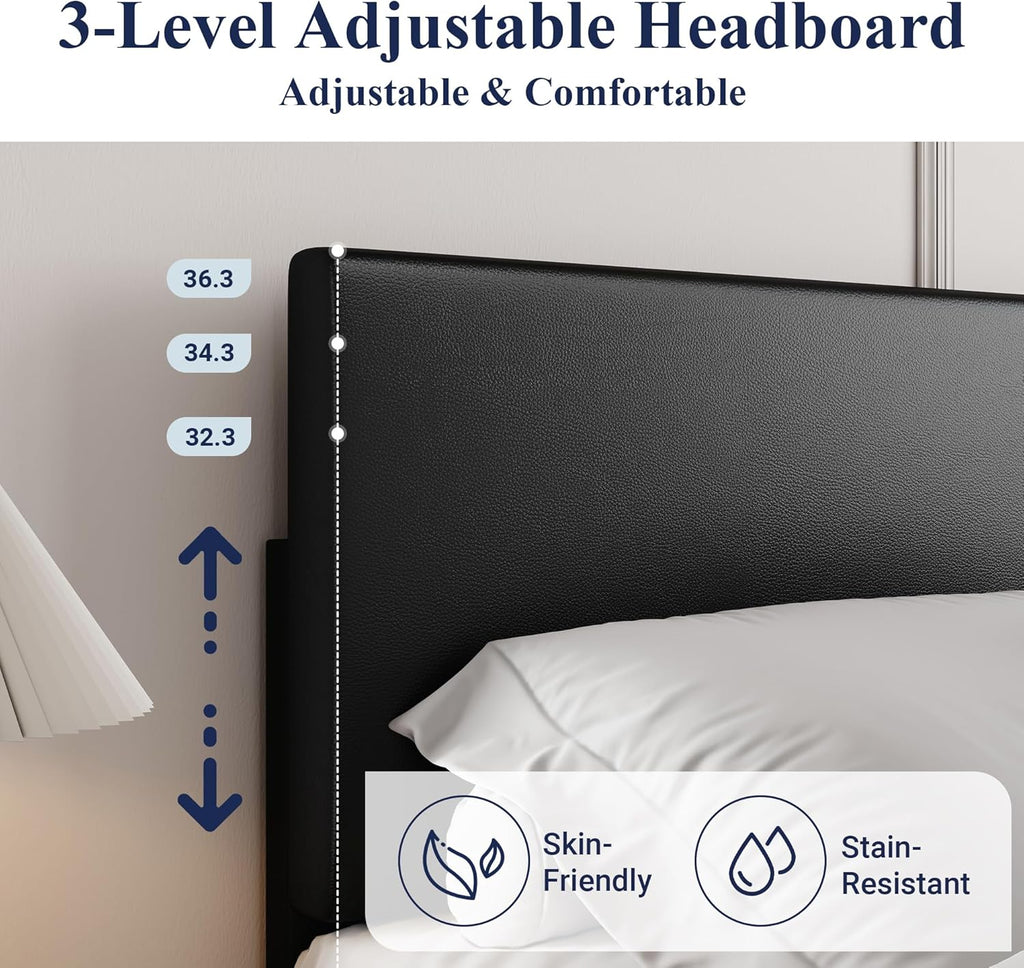King Bed Frame with Adjustable Headboard, Faux Leather Platform Bed with Wood Slats, Heavy Duty Mattress Foundation