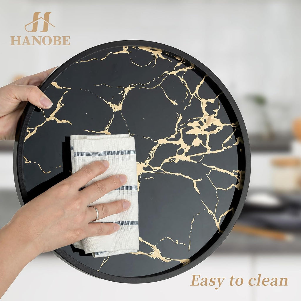 Decorative Tray Decor Round Serving Trays for Coffee Table | 11.8" Modern Black Imitation Marble Tray for Table