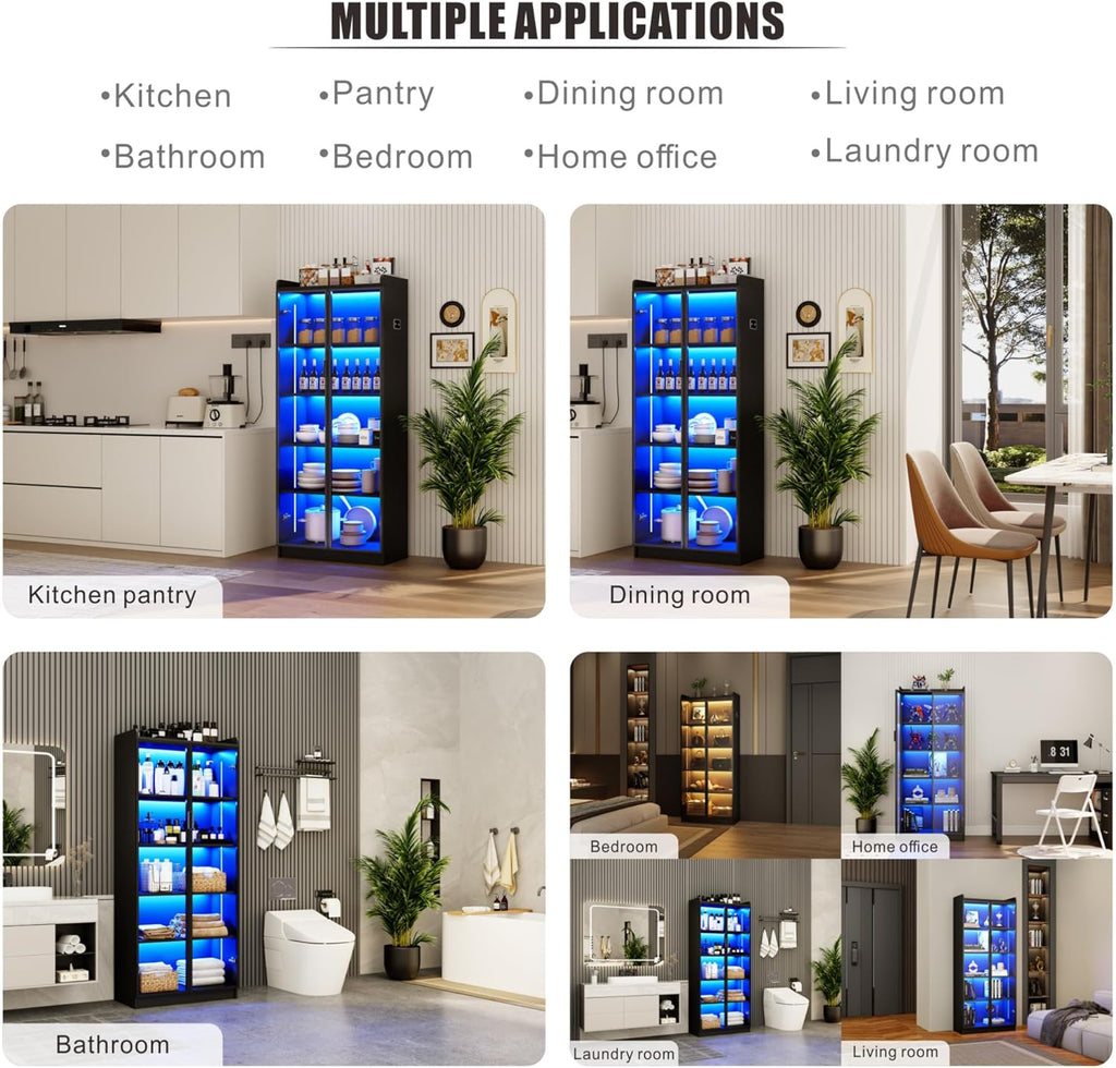 Display Cabinet with Doors and Adjustable Shelves, 65" Tall Bookcase with LED Lights/Human Sensor