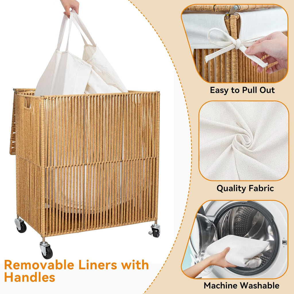 Rolling Laundry Basket Wheels, Handwoven Laundry Hamper with Lid | Double Clothes Hamper with Divided Removable Bag