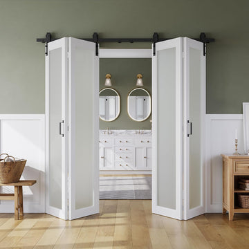 80" x 84" Bifold Sliding Barn Door, 1 Lites Tempered Frosted Glass Panel with Sliding Hardware Kit Set, Pre-drilled