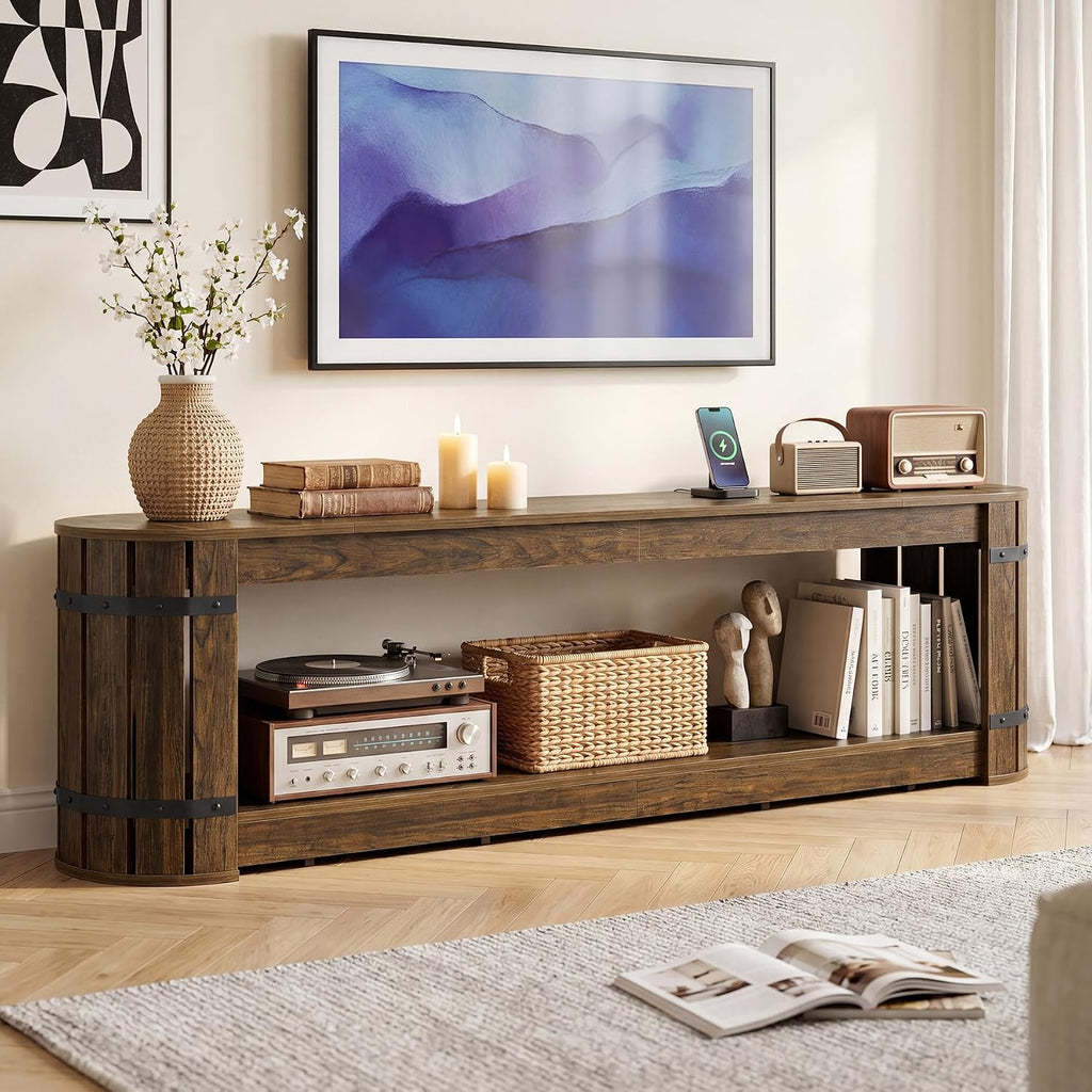 82.68 Inch TV Stand for TVs up to 90 Inch, Long TV Console Table | 2-Tier Storage Media Entertainment Center for Living Room, Entertainment Room, Vintage Barrel Style, Rustic Brown