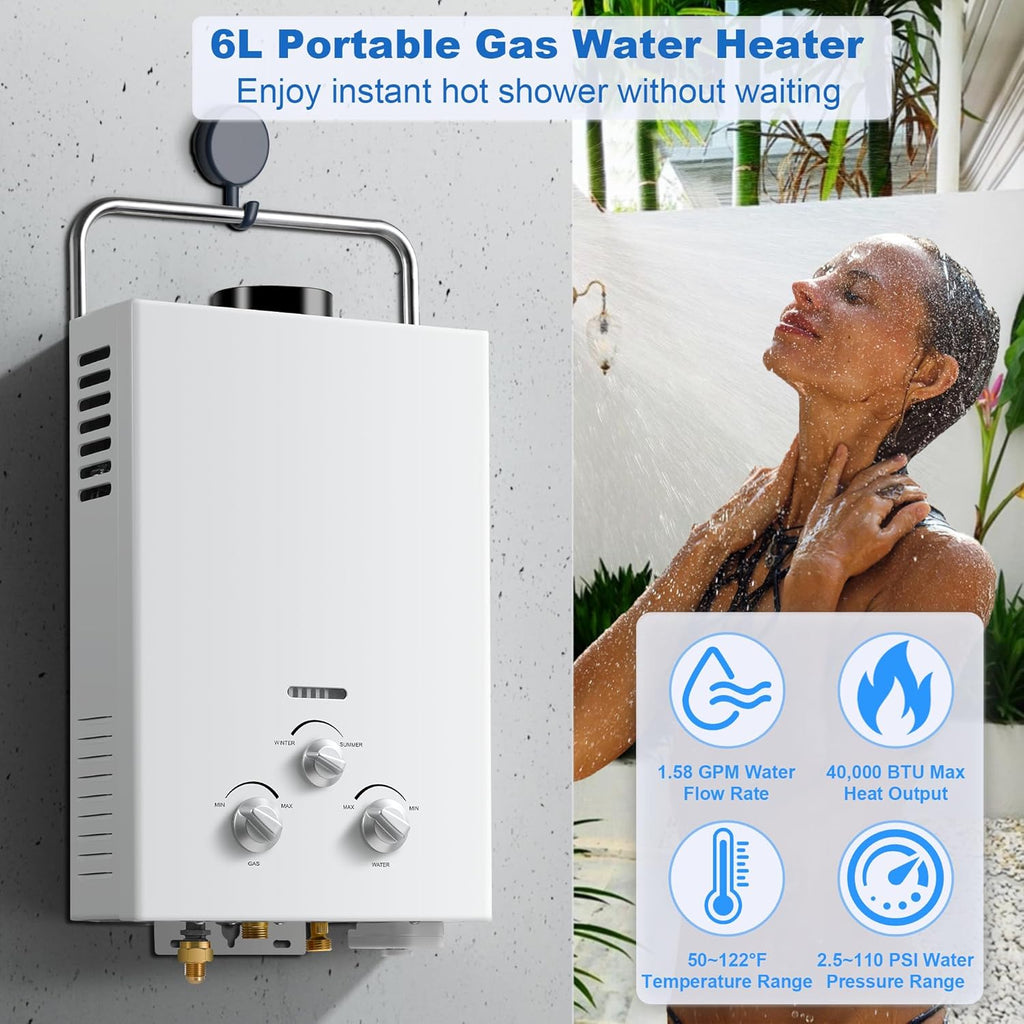 Outdoor Propane Tankless Water Heater - 6L 1.58 GPM Portable Gas Water Heater with Handle & Overheating Protection