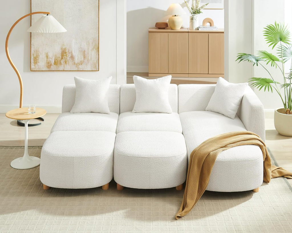 109.84" Modular Sectional Sofa with 3 Pillows, Convertible 5-Seater Comfy Boucle Cloud Couch with Ottoman