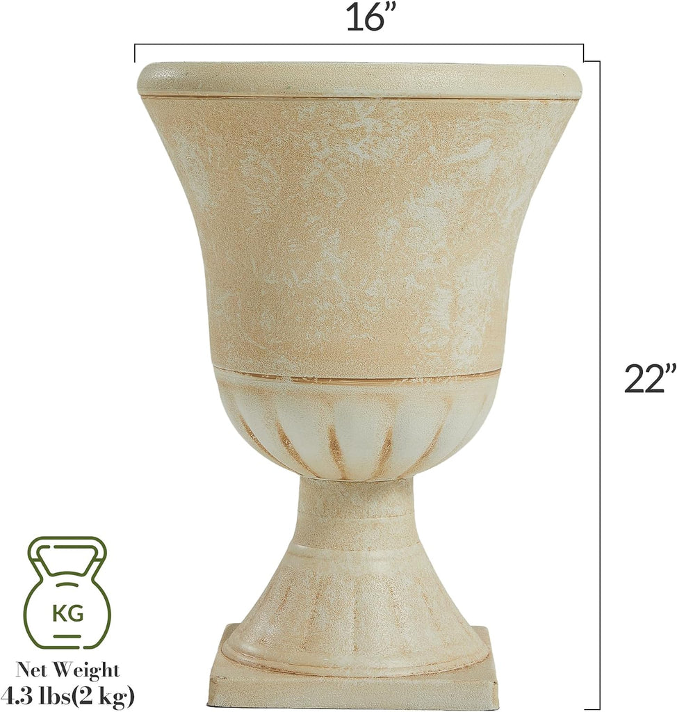 Plastic Urn Planters for Outdoor Plants, Tree 22'' Tall 2 Pack Round Classic Resin Flower Pots Indoor Beige