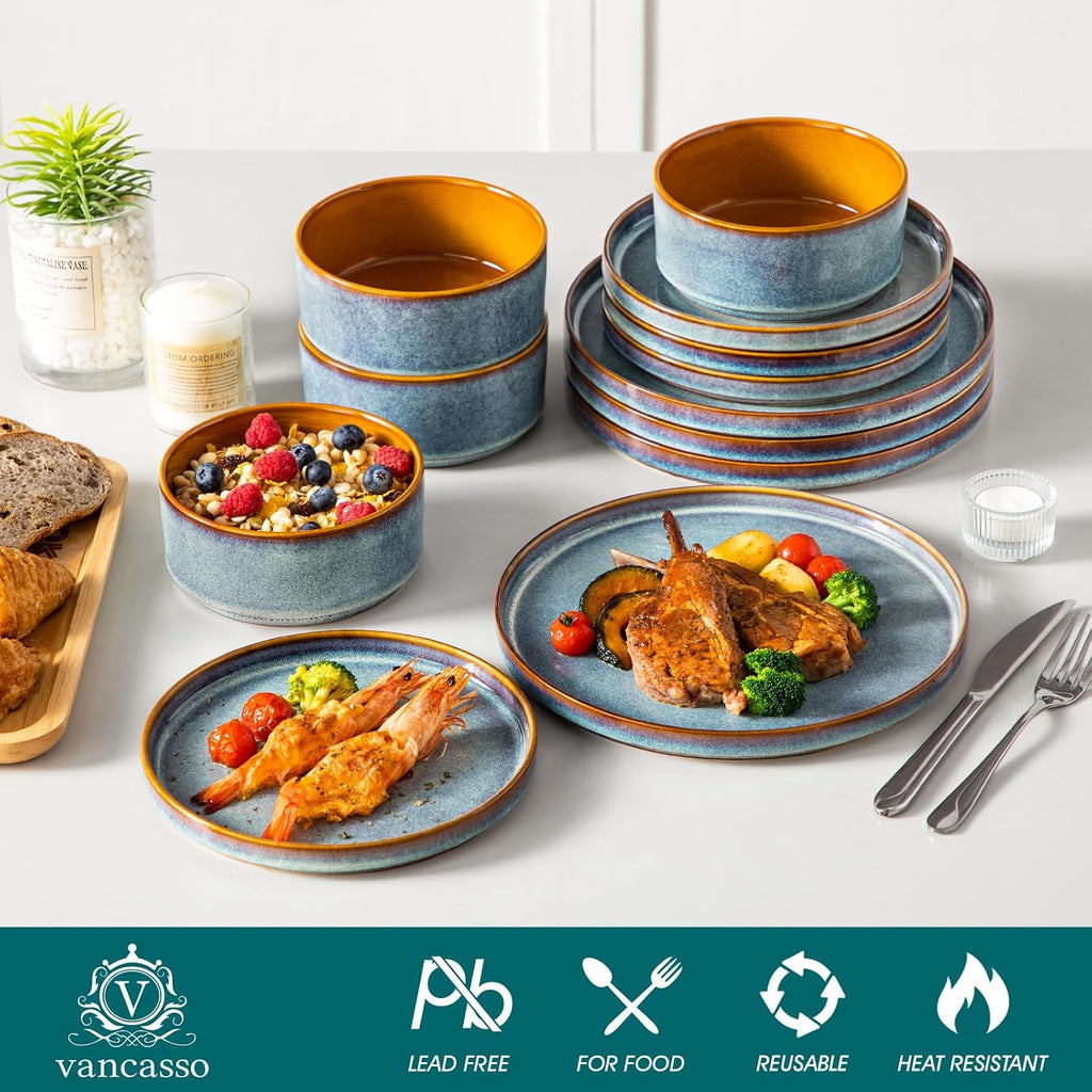 ONION Ceramic Dinnerware Sets, 12 Pieces Stoneware Plates and Bowls Sets for 4