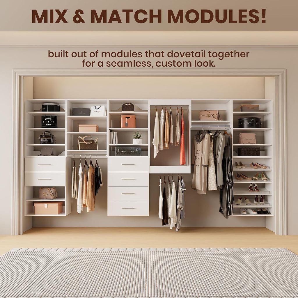 Modular Closet System, 25.5" 4 Drawer Shelf Closet Tower Wall-Mounted Closet Organizer, Wooden Tower for Walk-In
