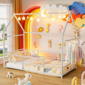Twin Floor Bed Frame for Kids, Metal Low House Bed Montessori Bed with Guardrails & Built-in Clothing Rack, No Box
