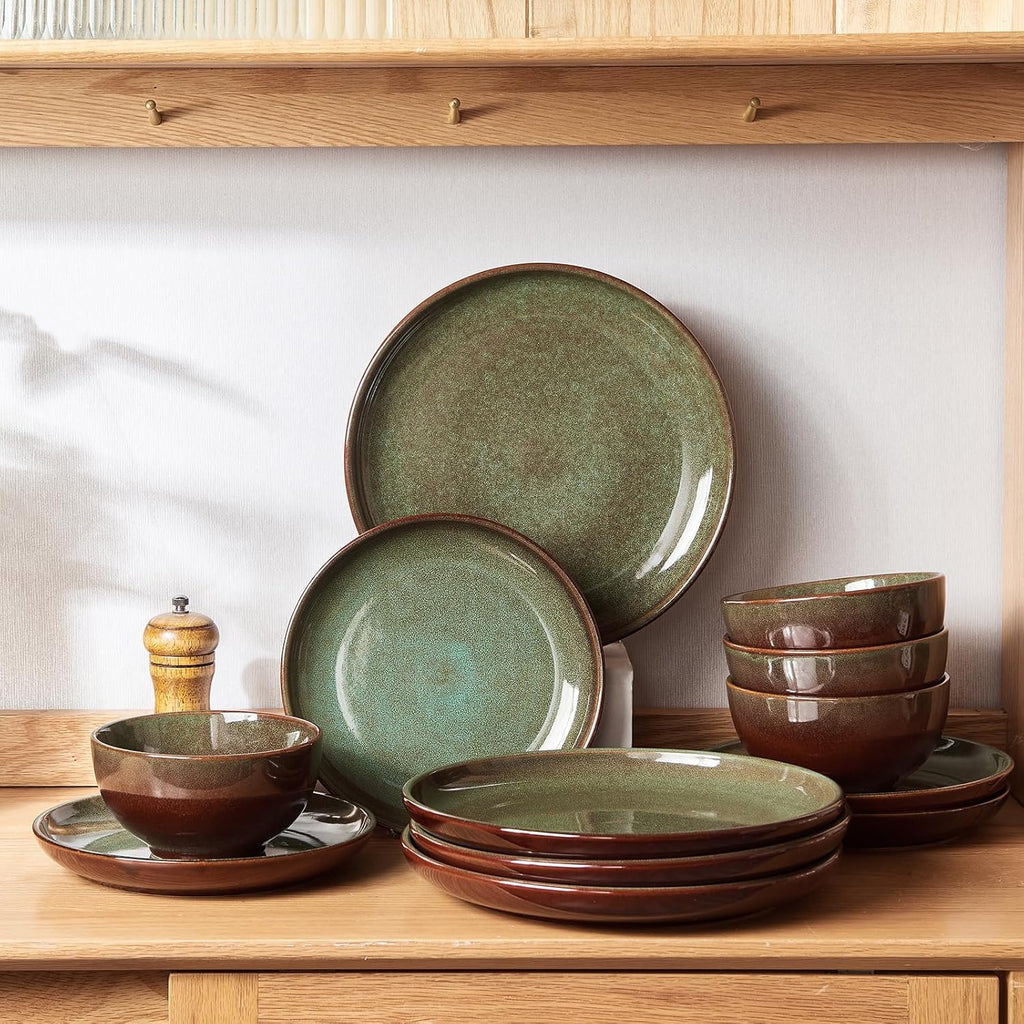 Stoneware Dinnerware Sets Service for 4, 12 pcs Reactive Glaze Plates and Bowls Sets, Handmade Ceramic Dish Set
