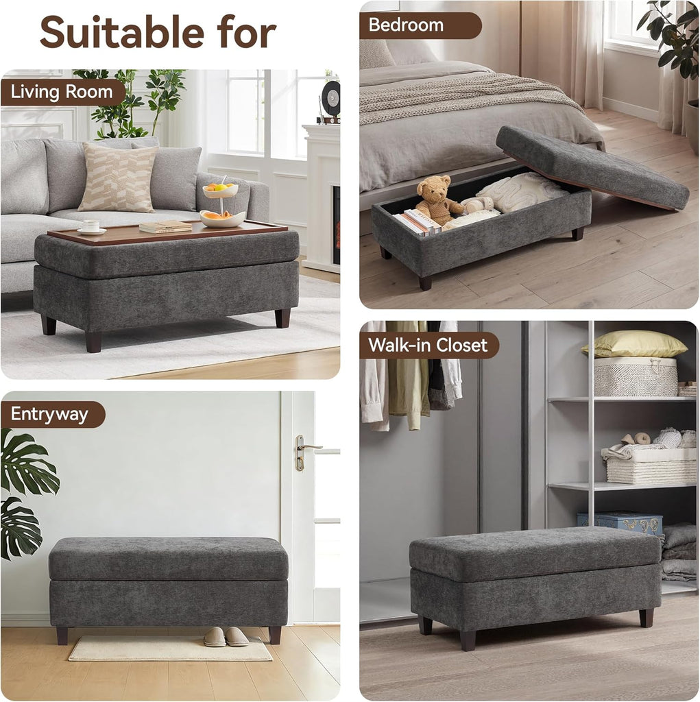 45 Inch Large Storage Ottoman Bench with Wooden Tray Coffee Table, Dark Grey Chenille Upholstered Foot Rest