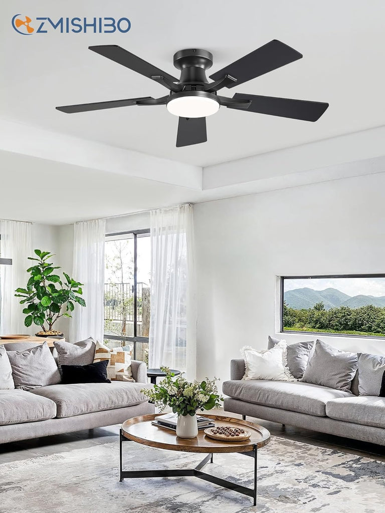 42 Inch Ceiling Fan with Light, App&Remote Control, Flush Mount Low Profile, Dimmable 20W LED Light, Quiet Reversible Motor for Bedroom, Living Room, Apartment, Black