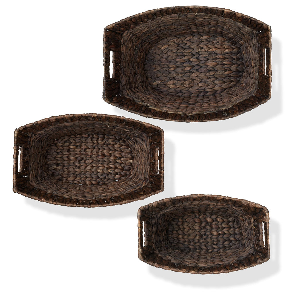 Set of 3 Stackable Oval Laundry Baskets with Handles - Espresso, Woven Water Hyacinth Storage Totes for Throw