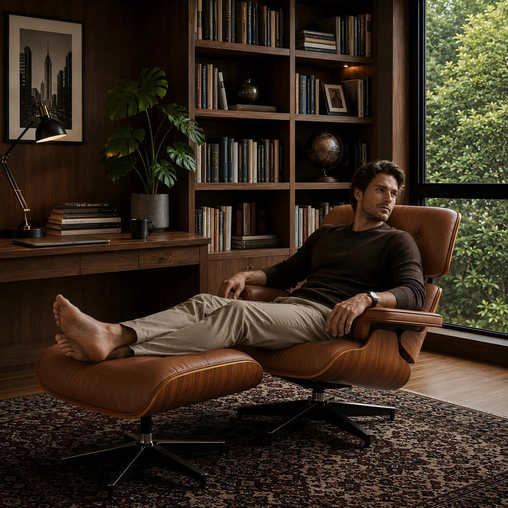 Modern Chaise Lounge Chair and Ottoman — Leather