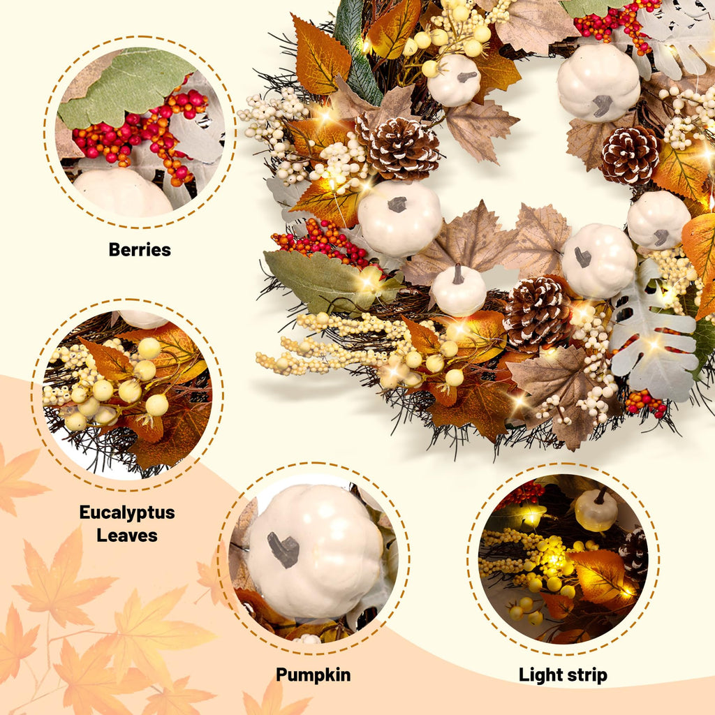 20Inch Thanksgiving Fall Wreath for Front Door with Light Autumn Wall Decor