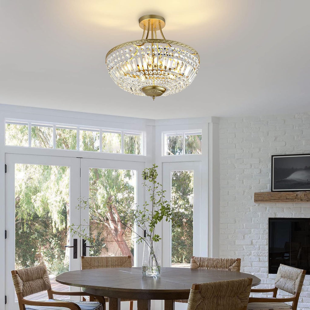 19.5 Inch Crystal Ceiling Light Fixture, 5-Light Raindrop Semi Flush Mount Chandelier, Modern Round Close to Ceiling