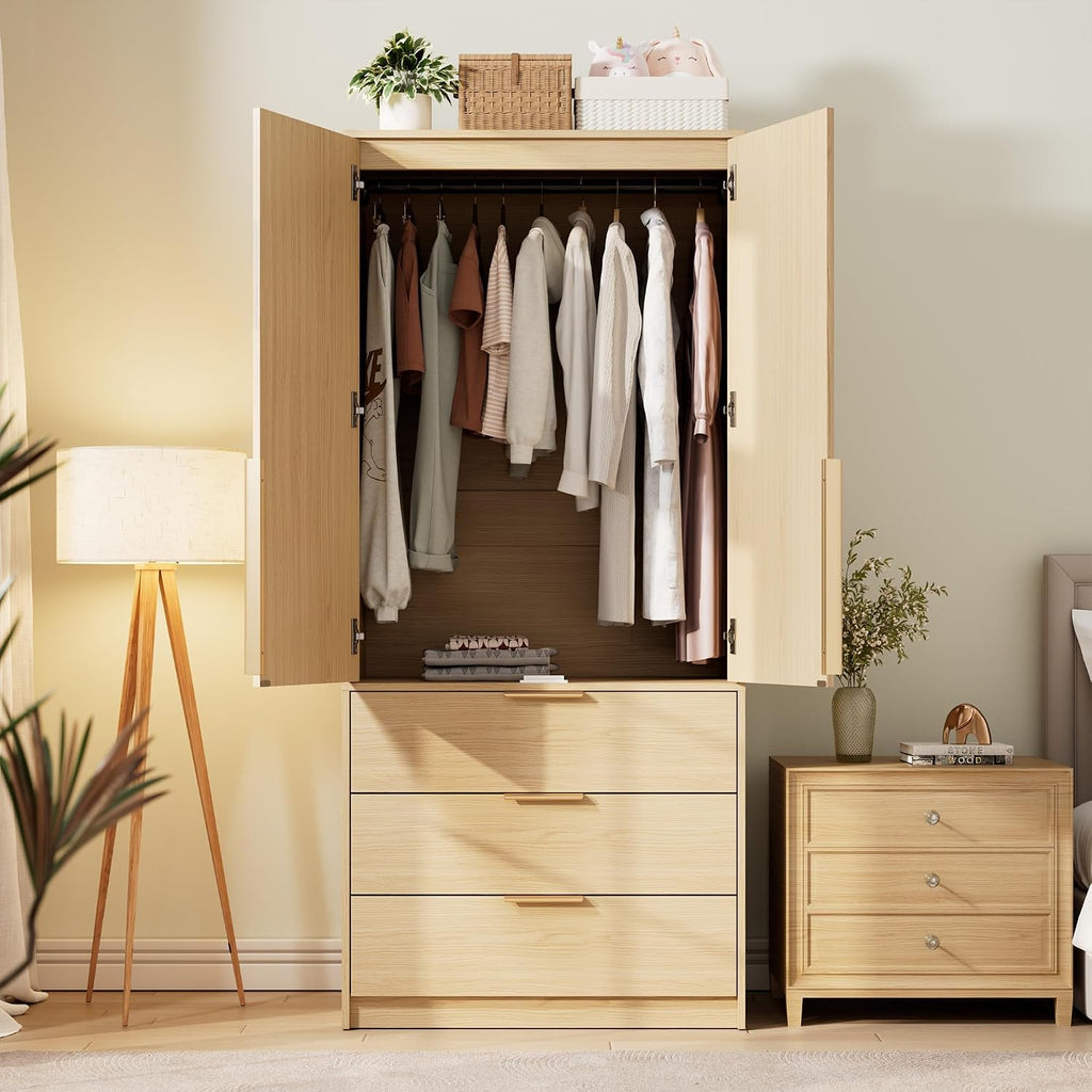 70" Wardrobe Armoire Wooden Closet with 3 Drawers, Oak | Bedroom Armoire with Hanging Rod Shelf, Large Capacity