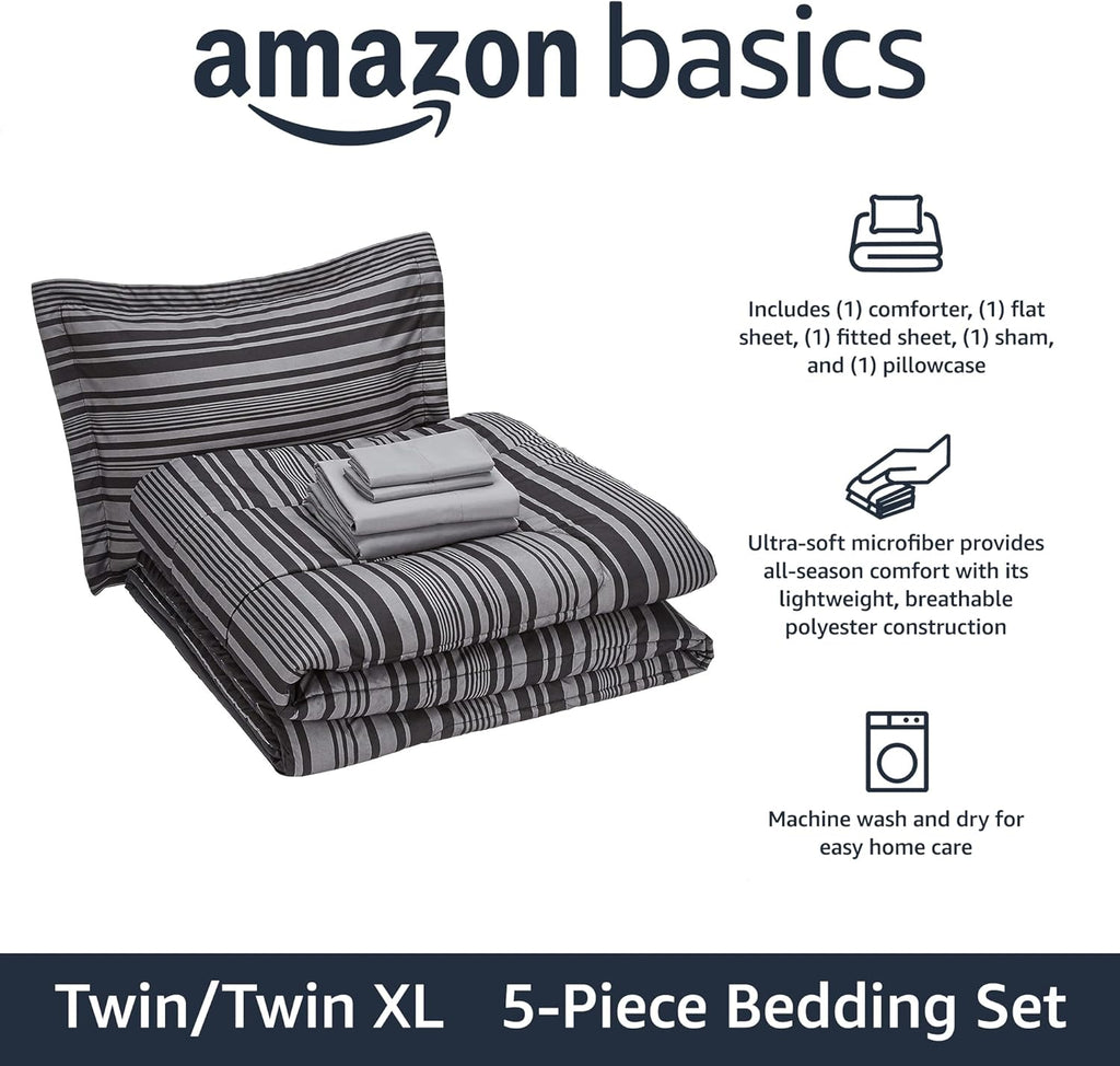 5-Piece Lightweight Microfiber Comforter Set with Sheets, Bed-in-a-Bag, Gray Calvin Striped Bedding