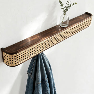 Solid North American Black Walnut Wall Coat Rack with Shelf | Modern wooden entryway wall mount coat rack with rattan