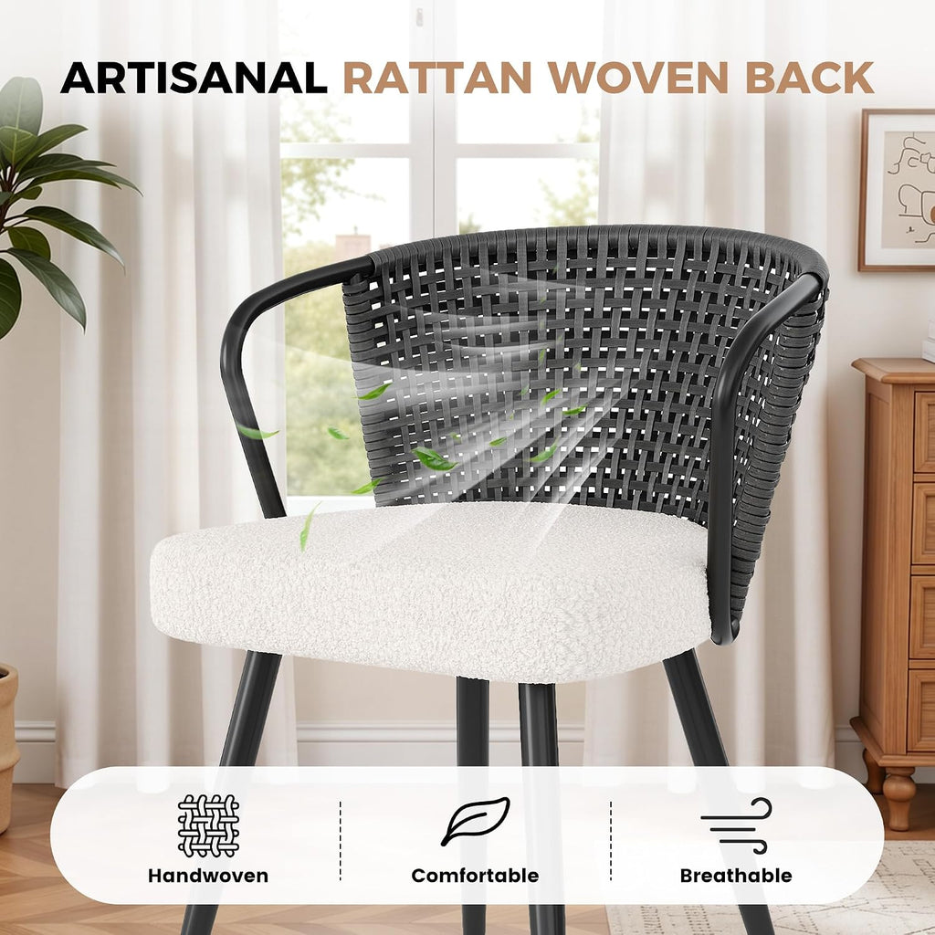Modern Rattan Dining Chairs Set of 6, Upholstered Kitchen Chair with Metal Legs, Ergonomic Curved Backrest, Mid