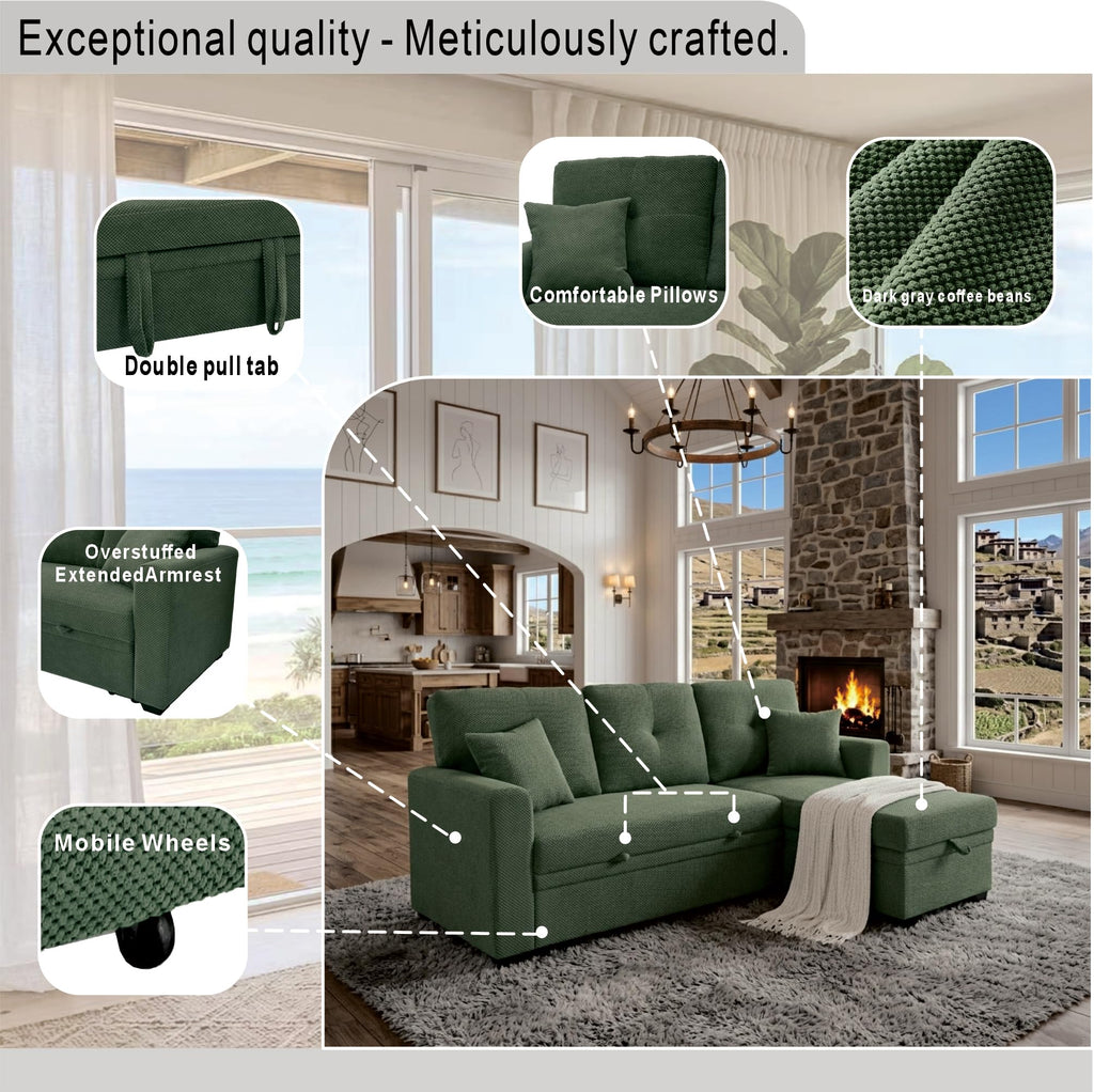 Tufted Sectional Sleeper Sofa Pull Out Couch Bed - Modern Upholstered L Shaped Convertible Sofa Bed with Chaise