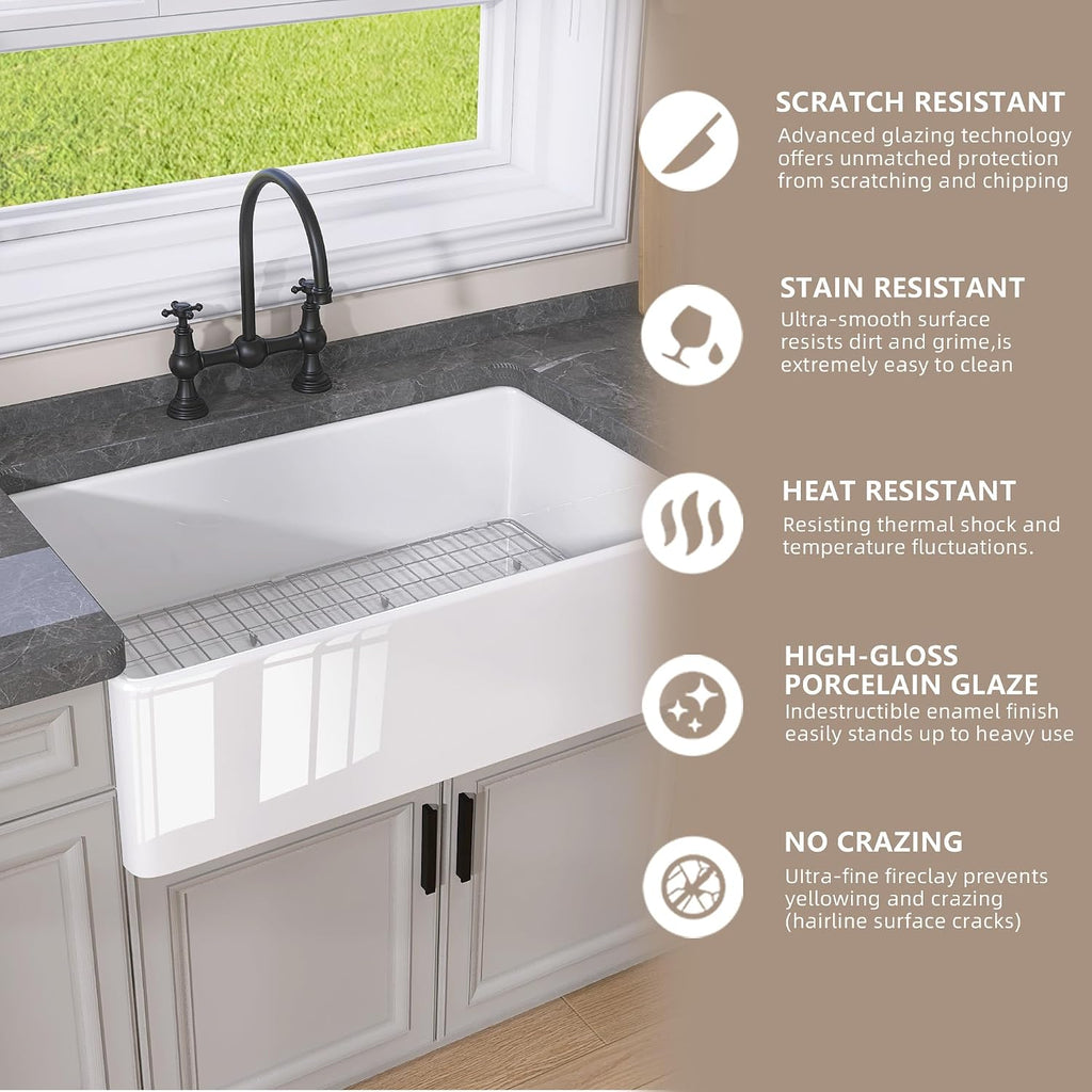 White Farmhouse Kitchen Sink 30 inch Fireclay Apron Front Farm Sink