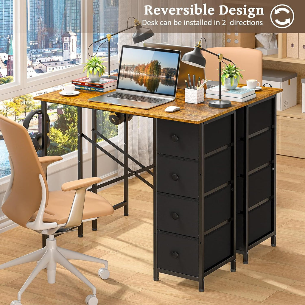 Small Computer Desk with 4 Fabric Drawers, 36 Inch Reversible Writing Desk Bedroom