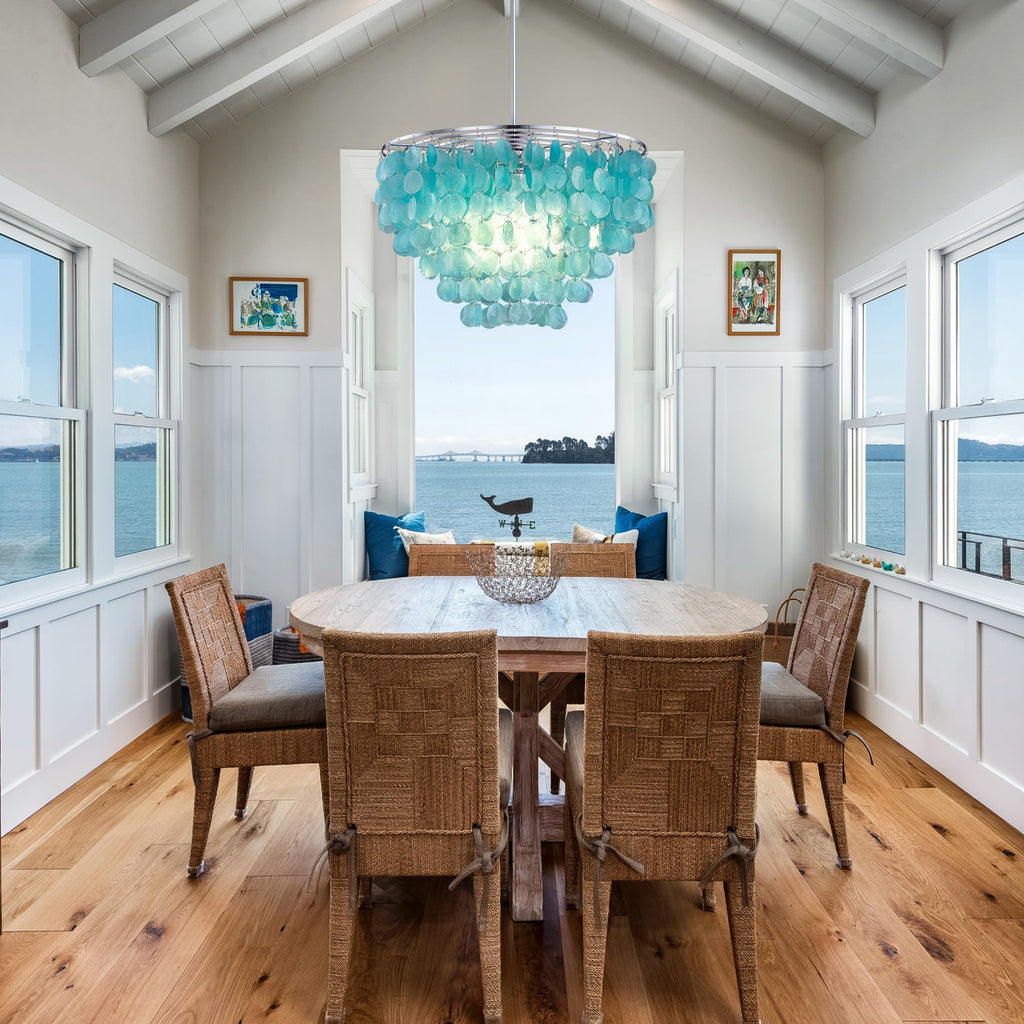 Capiz Shell Chandelier, Blue Shell Coastal Chandelier Light Fixture