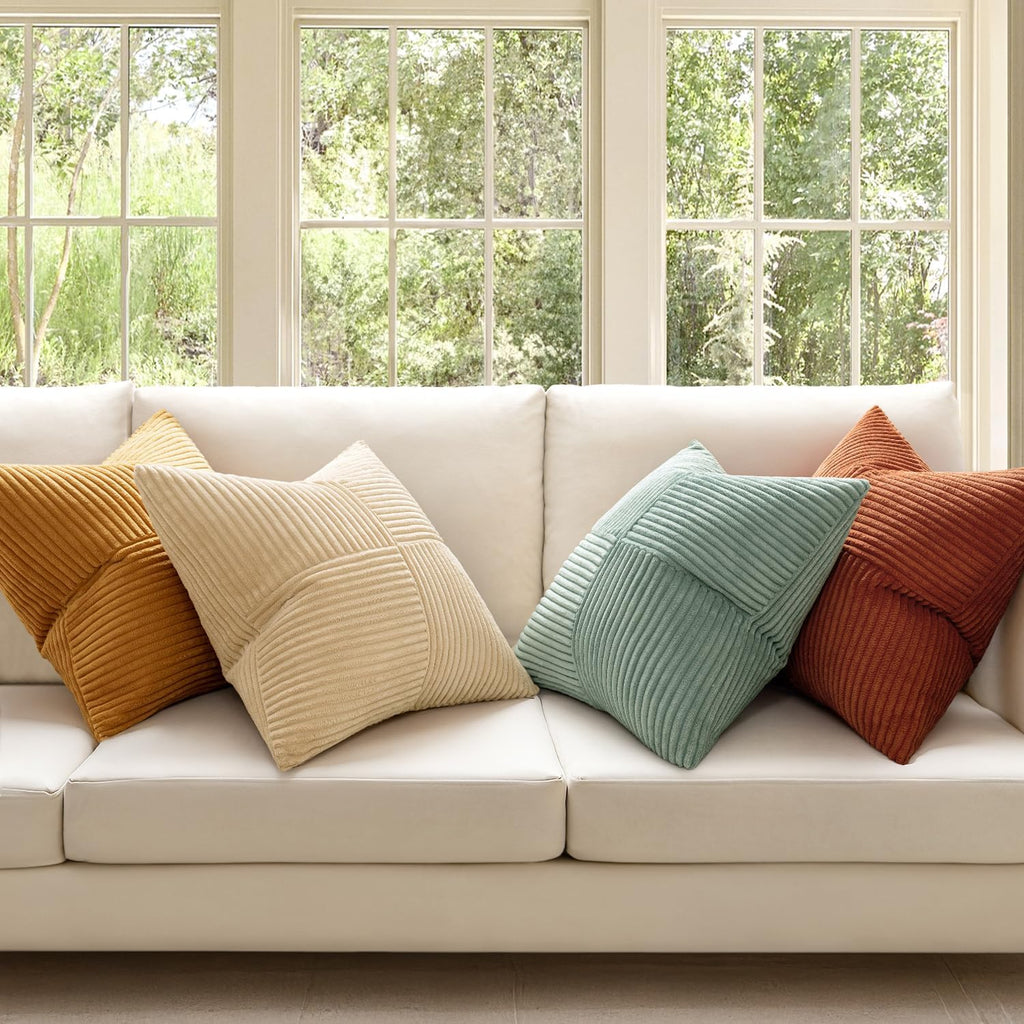Teal Orange Decorative Throw Pillow Covers 18x18 Inch Set of 4 Boho Corduroy Striped Cushion Cases Modern Farmhouse