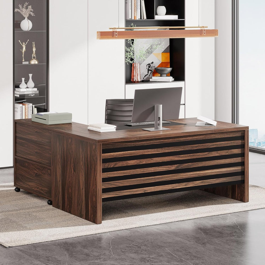 62.2" Executive Desk with Mobile File Cabinet, L-Shaped Office Desk with Storage Shelves