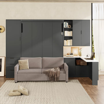 Queen Wood Murphy Bed with Upholstered Sofa & Desk, Multifunctional Foldable Wall Platform Bed w/USB Charging Station