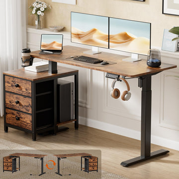 55 Inch Rustice Brown Height Adjustable Standing Desk with Drawers