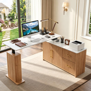 55" L-Shaped Electric Standing Desk with Drawers and Storage Cabinet, Height Adjustable Corner Desk, 3 Memory