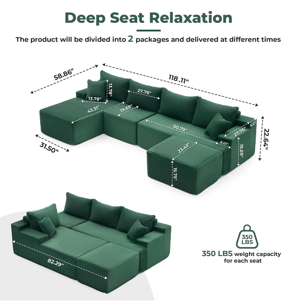 118'' Boneless Couch, U Shaped Couches, Green