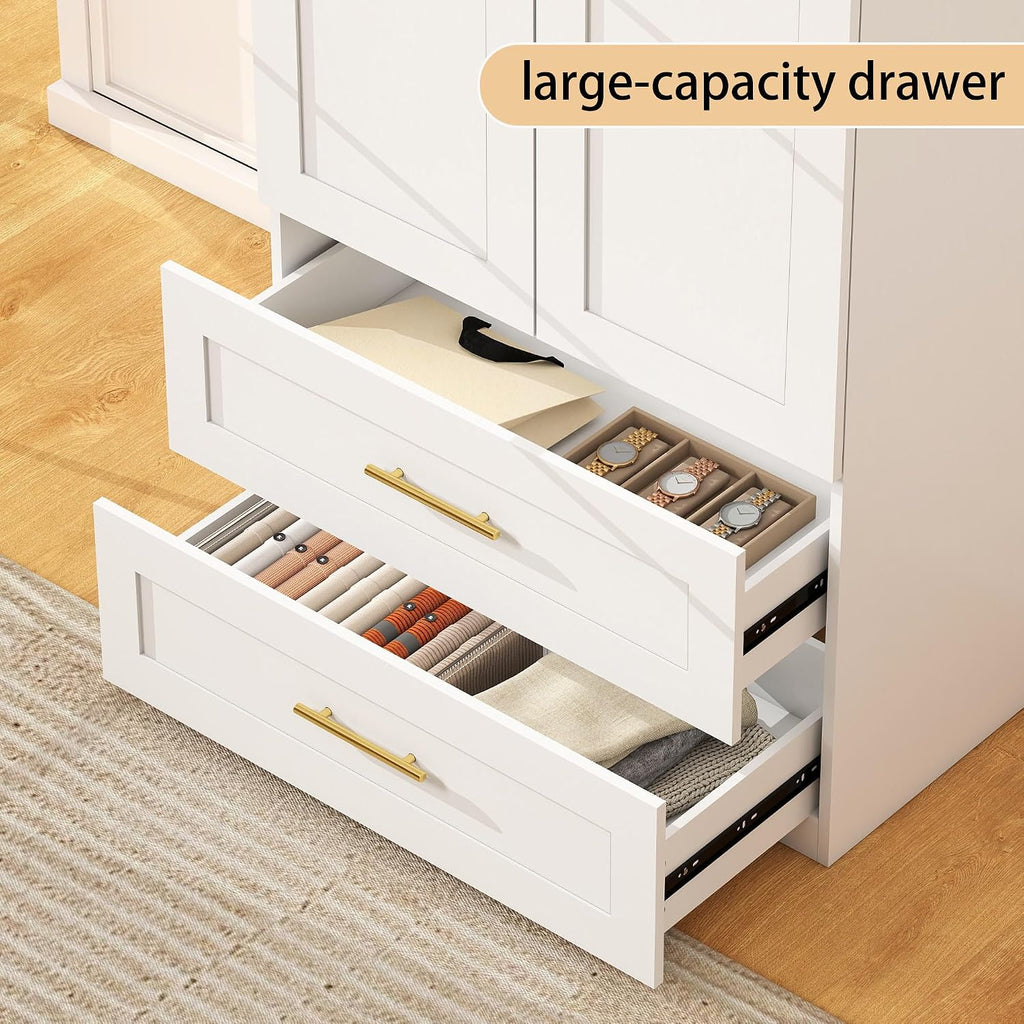 White Wardrobe with 2 Doors: 75" Tall Armoire Wardrobe Closet with 2 Drawers, Bedroom Closet Cabinet for Hanging