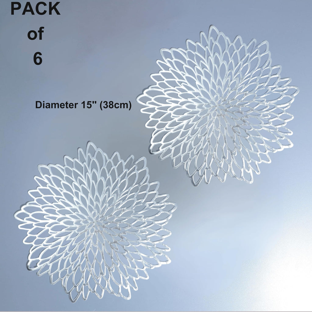 6 Pack Silver Placemats Metallic Glitter Pressed Vinyl Dinning Table Mats Decorative Round Leaf Charger for Winter
