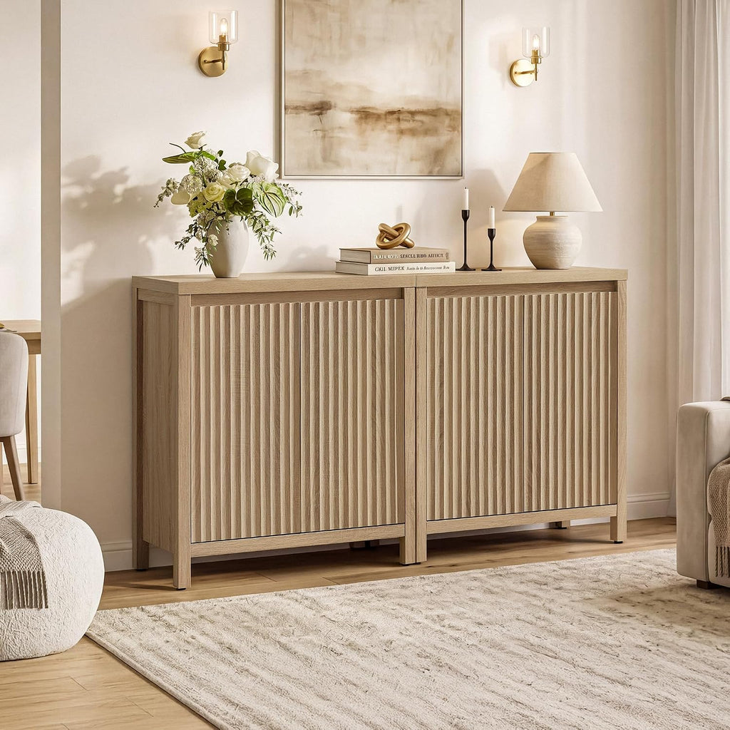 Sideboard Buffet Cabinet with Storage, Fluted Credenza Buffet Table | Console Cabinet with Adjustable Shelves