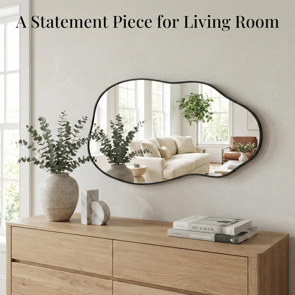 Irregular Wall Mirror 30"x16.5", Small Asymmetrical Mirror for Wall Decor, Matte Black Rust Proof Aluminum, Tempered