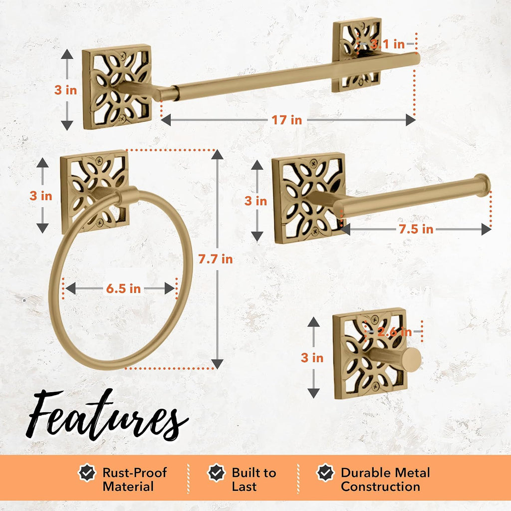 5-Piece Bathroom Hardware Set - Antique Gold (Muted, Brushed Finish - Not Shiny), Wall Mounted Towel Bar, Towel Ring