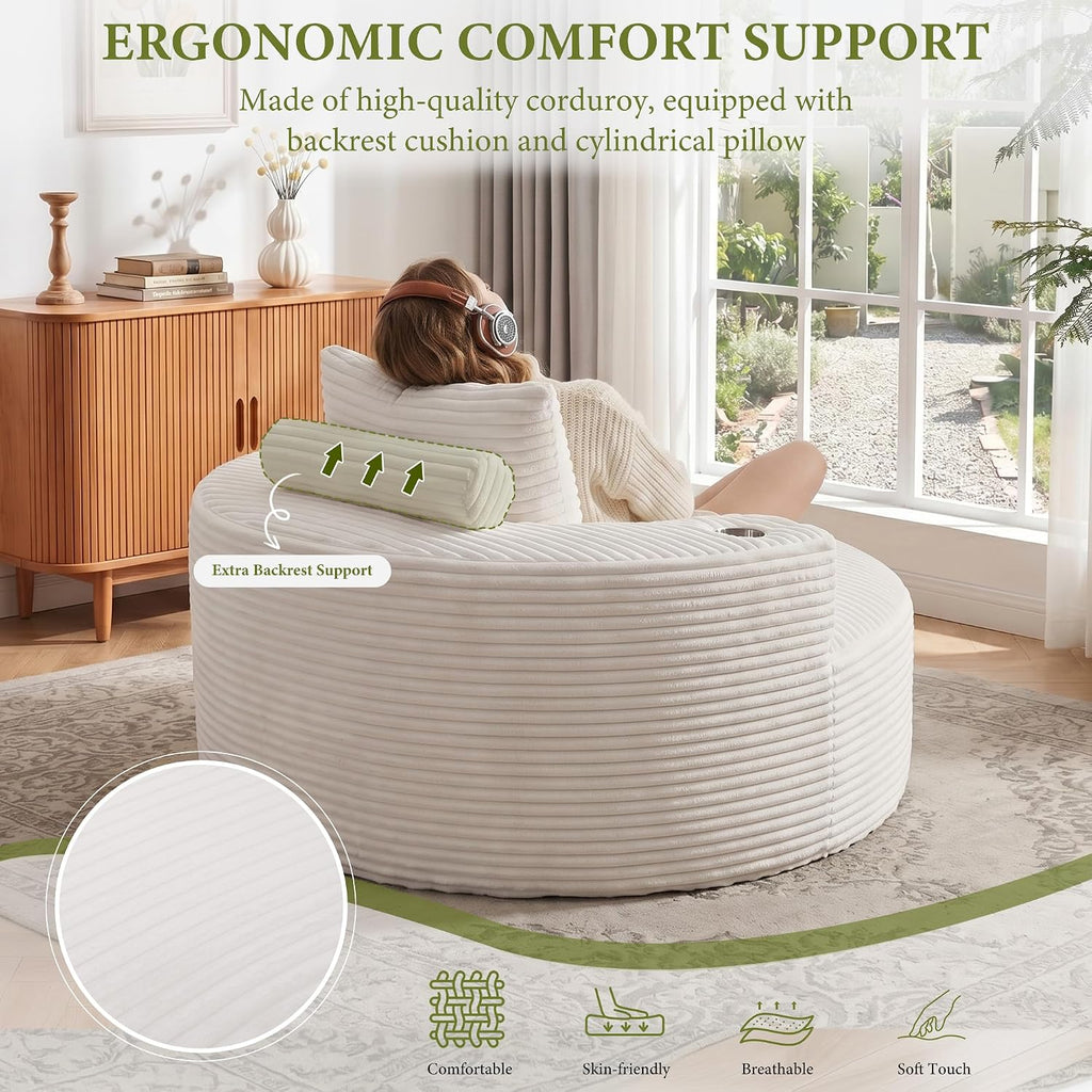 55.5" Oversized Round Chaise Lounge Chair Indoor, Corduroy White | Modern Upholstered Boneless Chair, Deep Seat