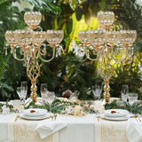 Crystal Candelabra Centerpiece, 5-Light Gold Metal Stand with Hanging Crystals, Decorative Wedding Table Holder (2