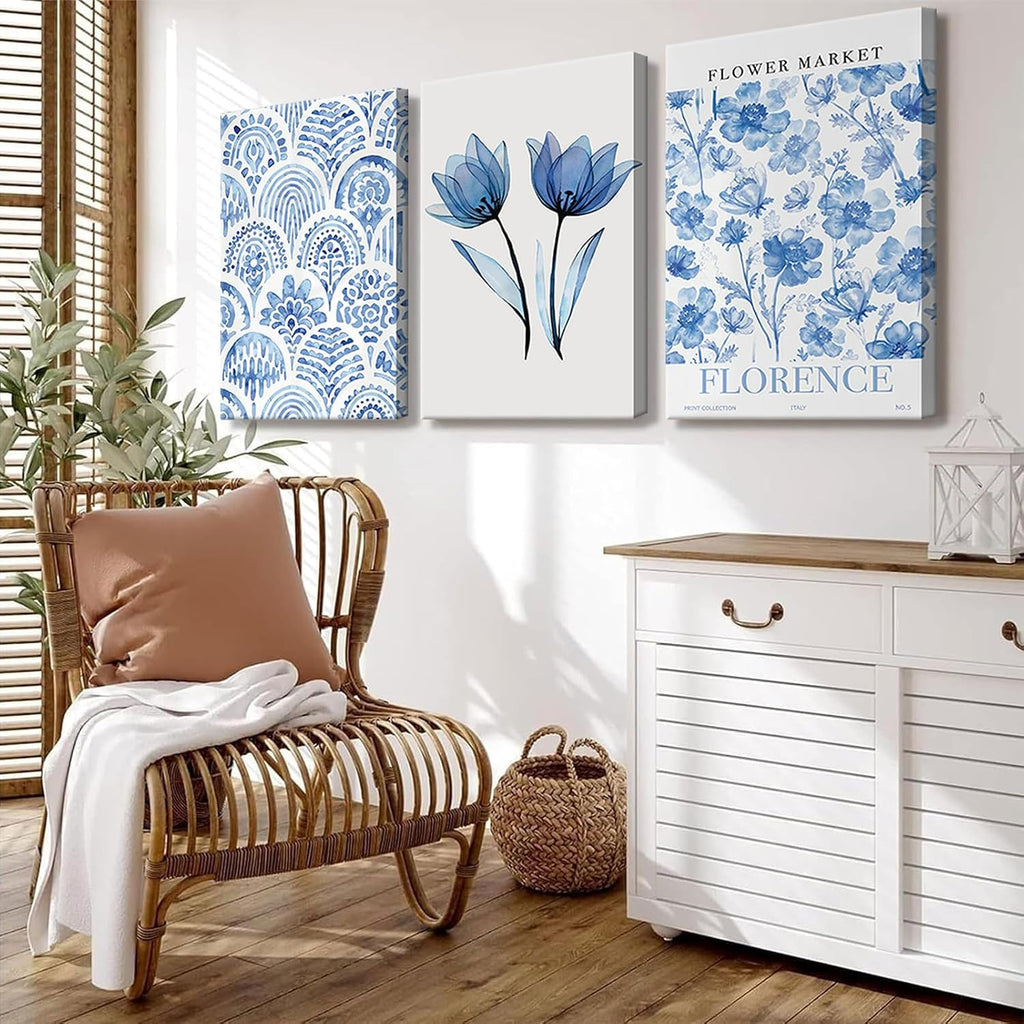 6Pcs Blue coastal Canvas Wall Art Flowers Aesthetic Wall Decor Hydrangeas Pictures painting Trendy Minimalist Prints