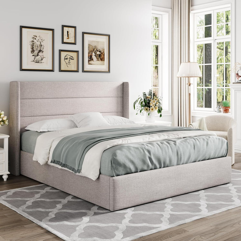 Queen Lift Up Storage Bed, Modern Wingback Headboard, Hydraulic Support, No Box Spring Needed, Light Beige
