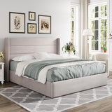 Full Lift Up Storage Bed, Modern Wingback Headboard, Hydraulic Support, No Box Spring Needed, Light Beige
