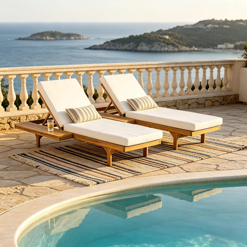 Acacia Wood Chaise Lounge Chair Set of 2, Double/Single Outdoor Sunbathing Pool Lounger with 4'' Cushion, Patio