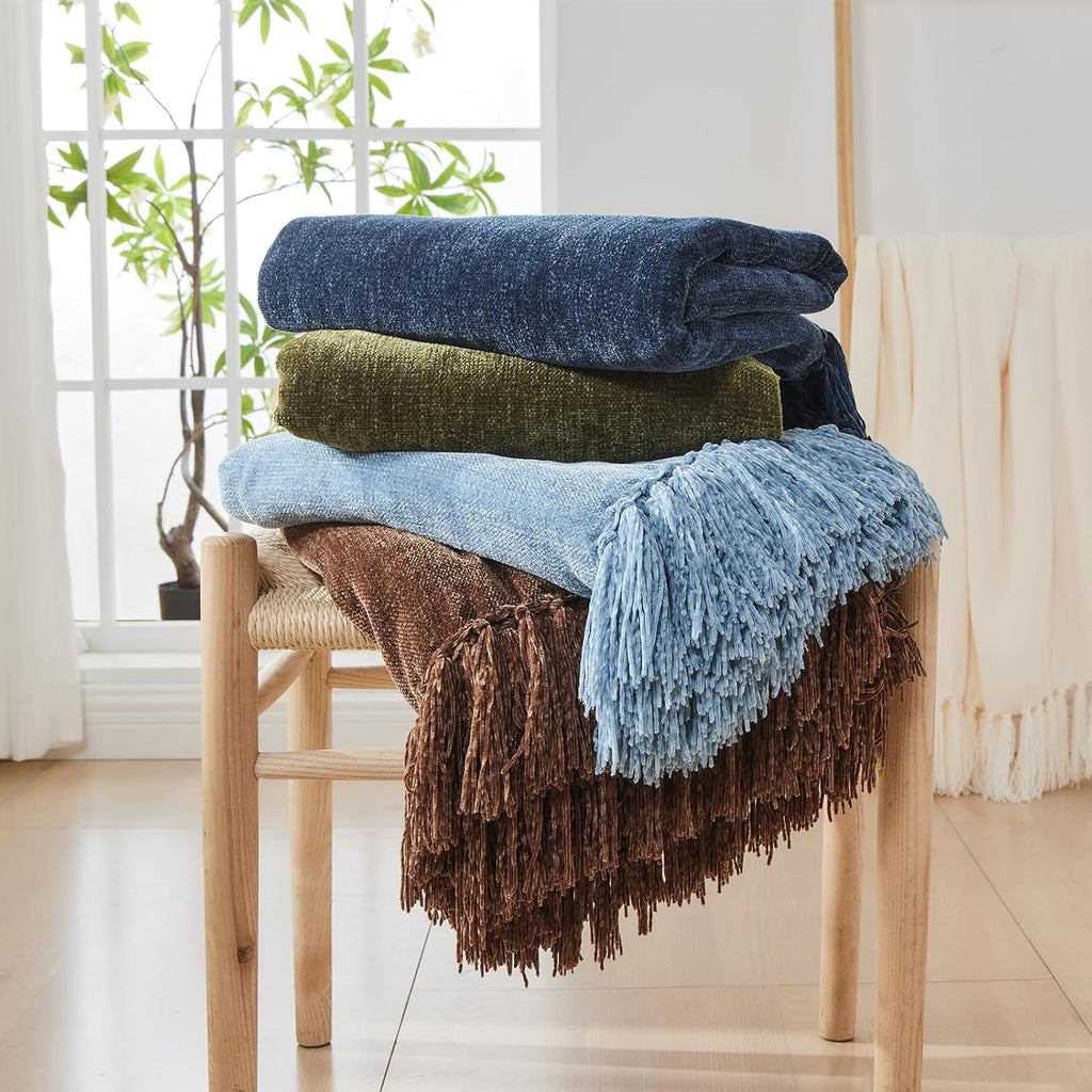 Chenille Throw Blanket, Cozy Plush Fuzzy Decorative Dusty Blue Blanket with Fringe Tassels, Lightweight Throws, 50"X60"