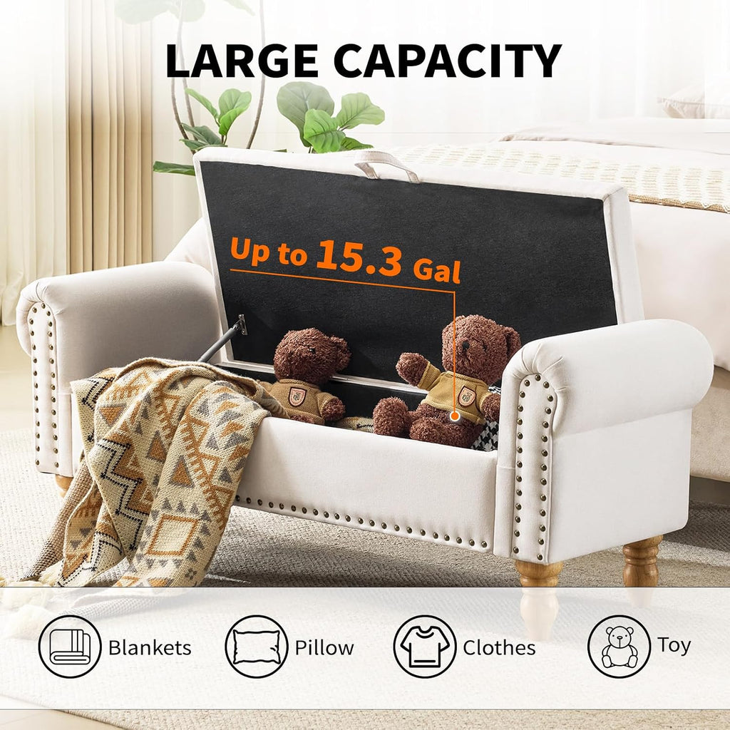 55" Linen Storage Bench, Queen End of Bed, Off-White | Linen Upholstered, Bedroom/Entryway/Closet, Storage Ottoman