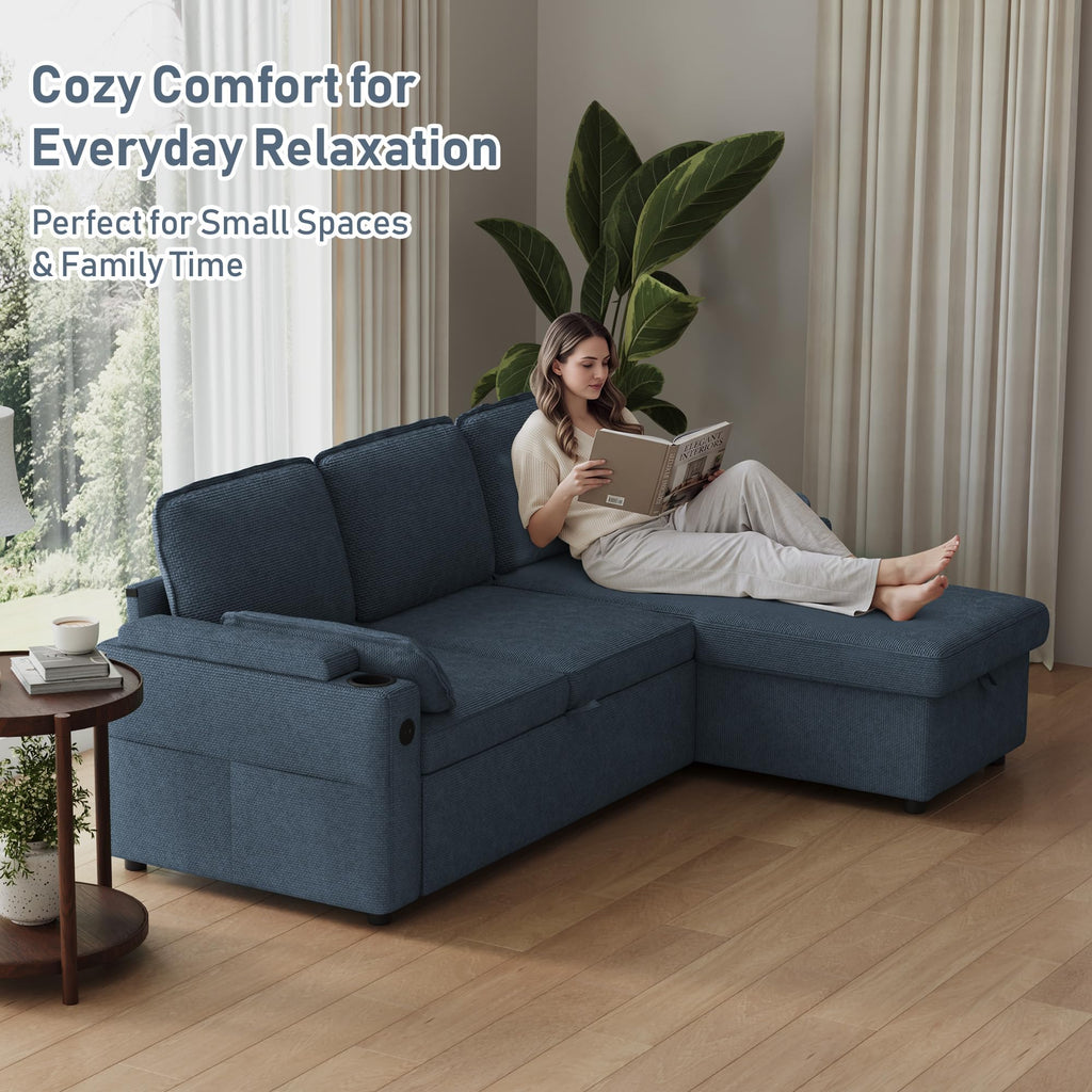 80" Sofa Bed Pull Out L Shaped Couch with Storage Chaise, Blue