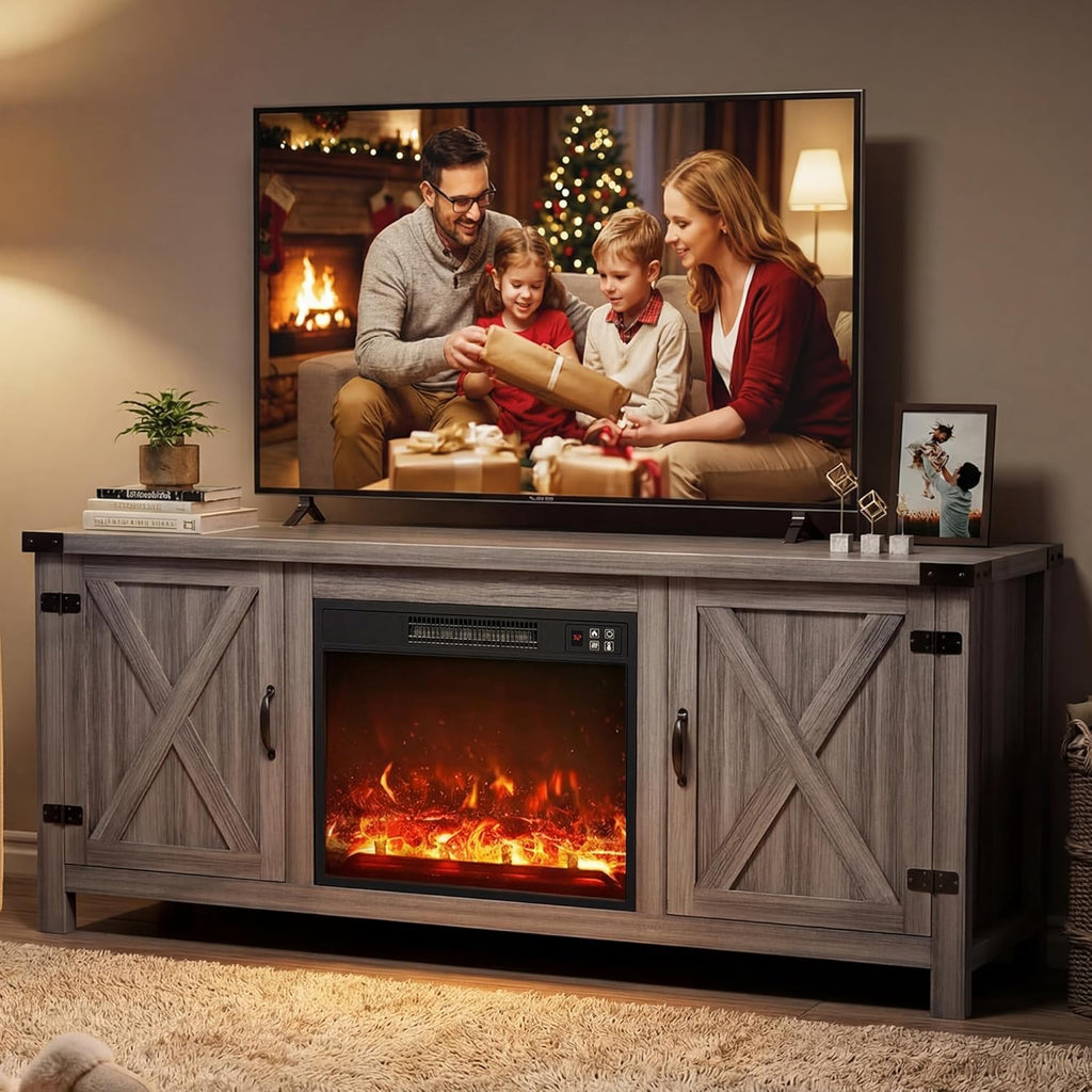 Fireplace TV Stand with Two Barn Doors and Storage Cabinets for Televisions up to 65+ Inch, Entertainment Center